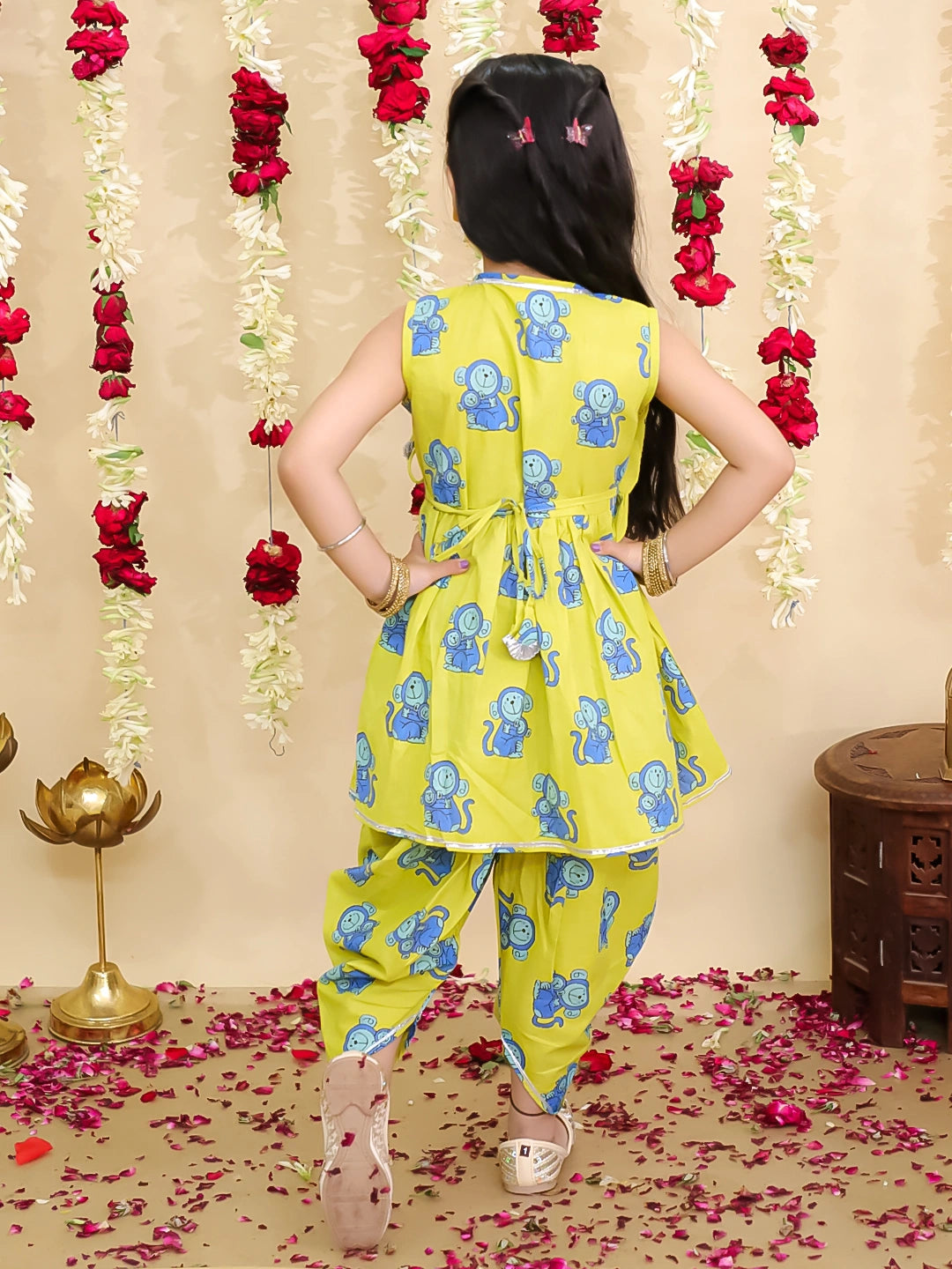 BownBee Pure Cotton Embroidered Sleeveless Angarakha style Fish Print Kurti With Dhoti For Girls- Mustard