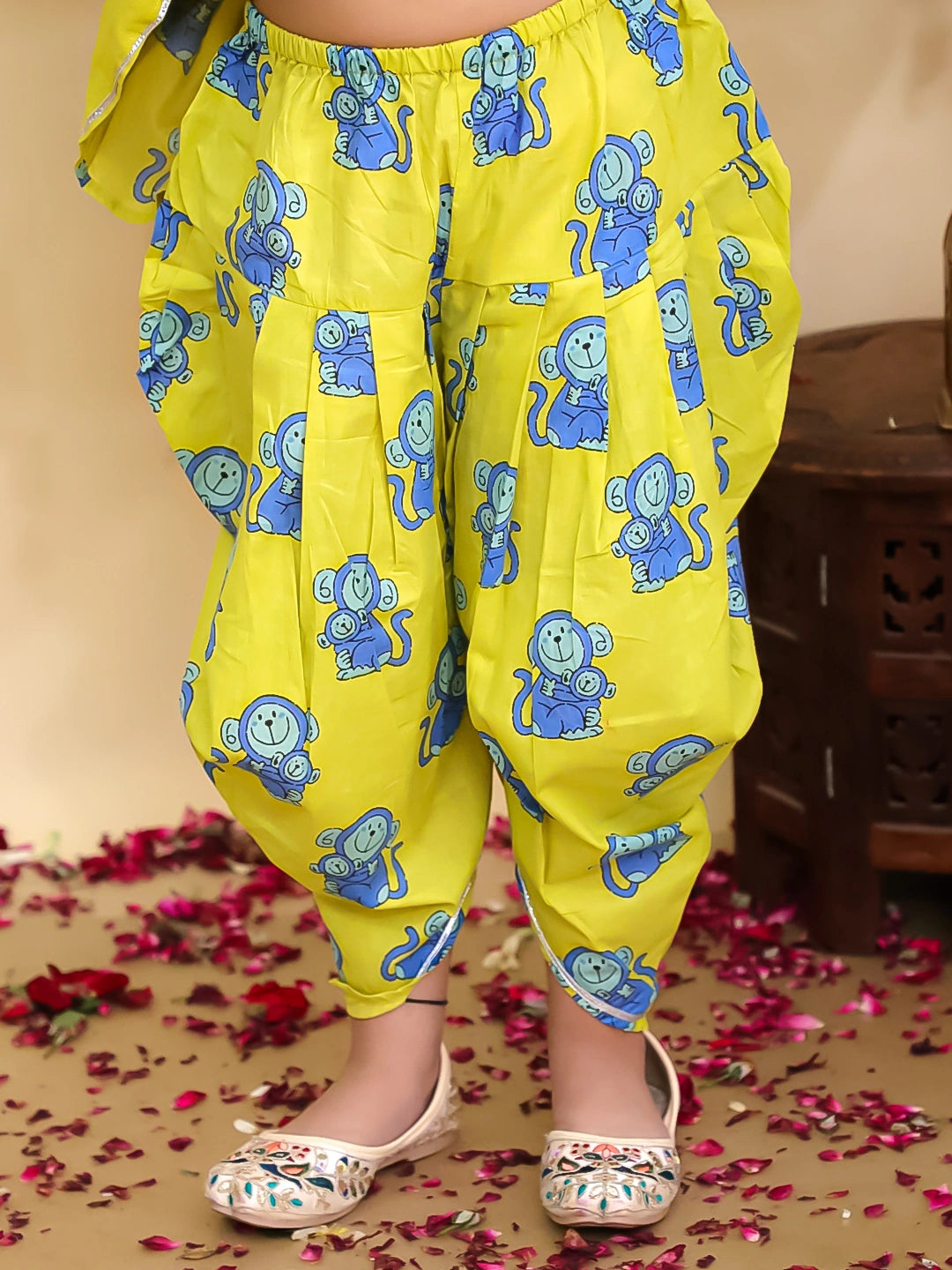 BownBee Pure Cotton Embroidered Sleeveless Angarakha style Fish Print Kurti With Dhoti For Girls- Mustard