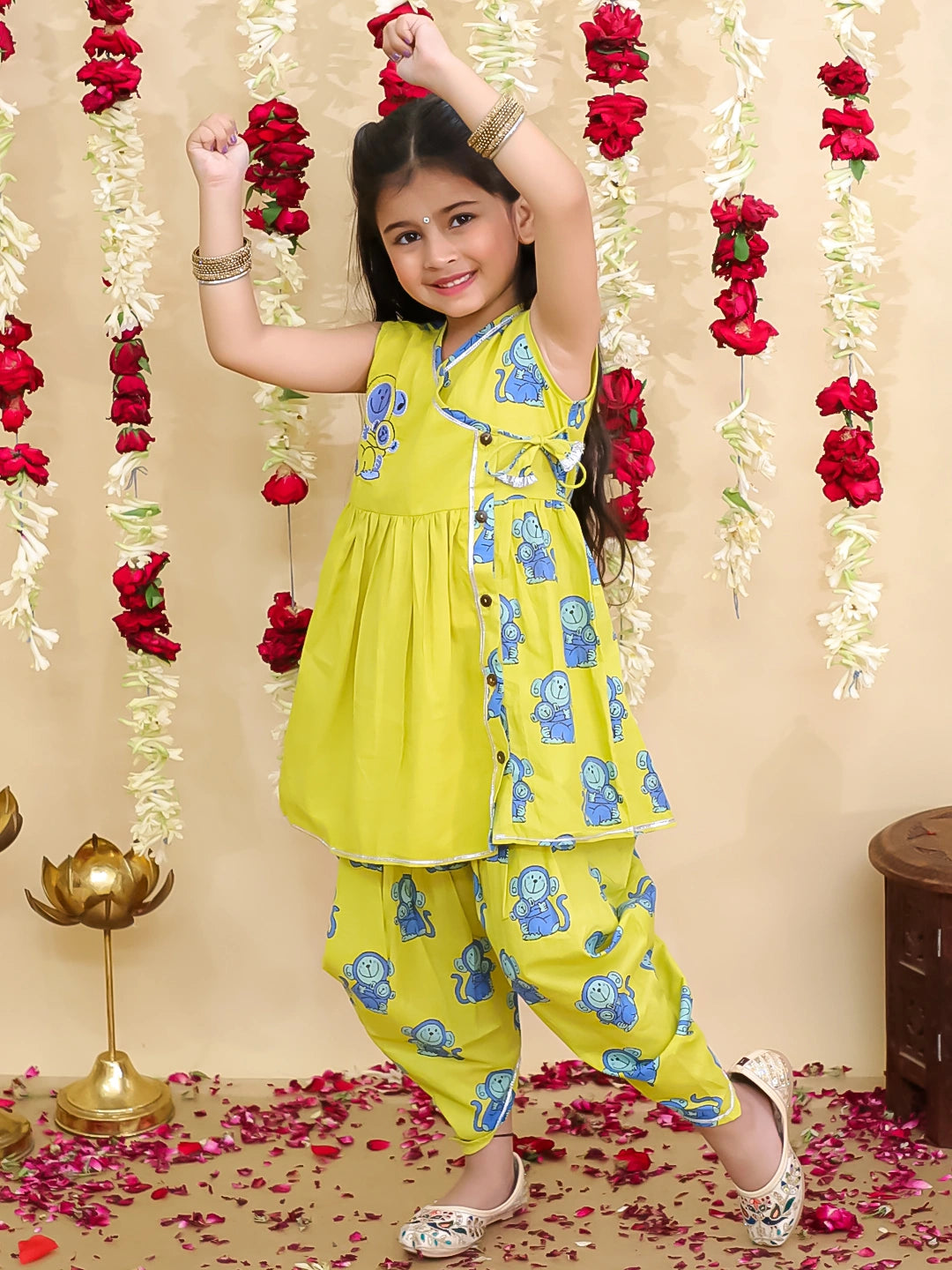 BownBee Pure Cotton Embroidered Sleeveless Angarakha style Fish Print Kurti With Dhoti For Girls- Mustard