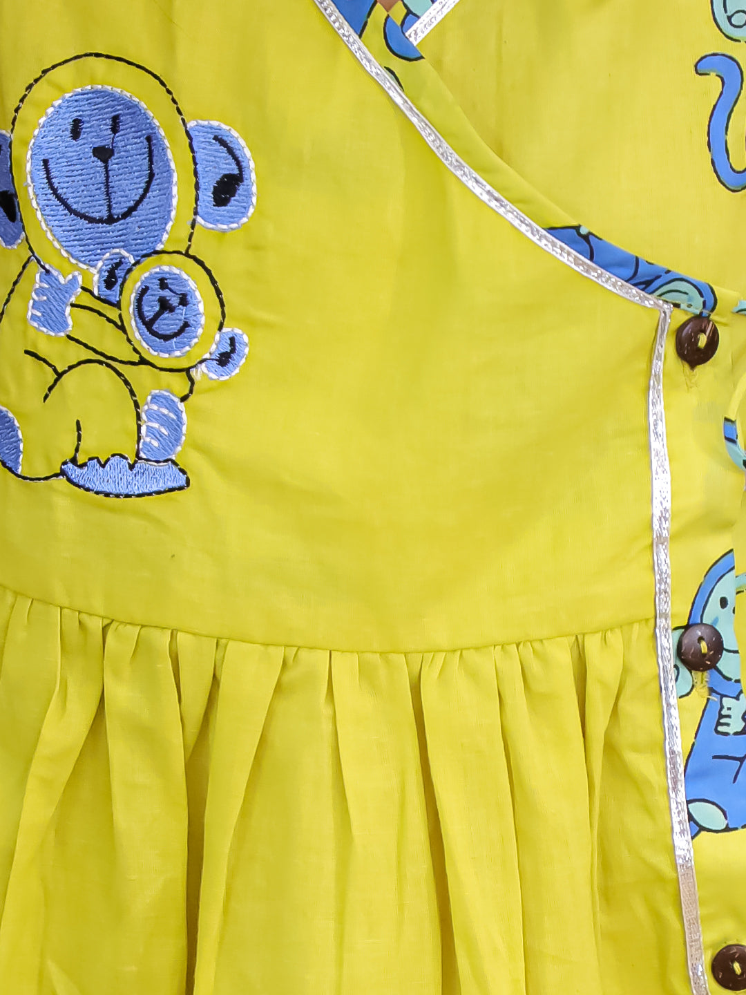 BownBee Pure Cotton Embroidered Sleeveless Angarakha style Fish Print Kurti With Dhoti For Girls- Yellow
