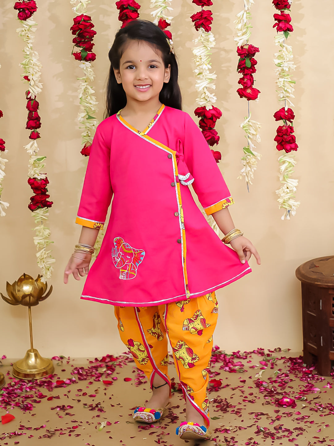 BownBee Elephant Embroidered Suit And Dhoti Kurta Sibling Set -Pink