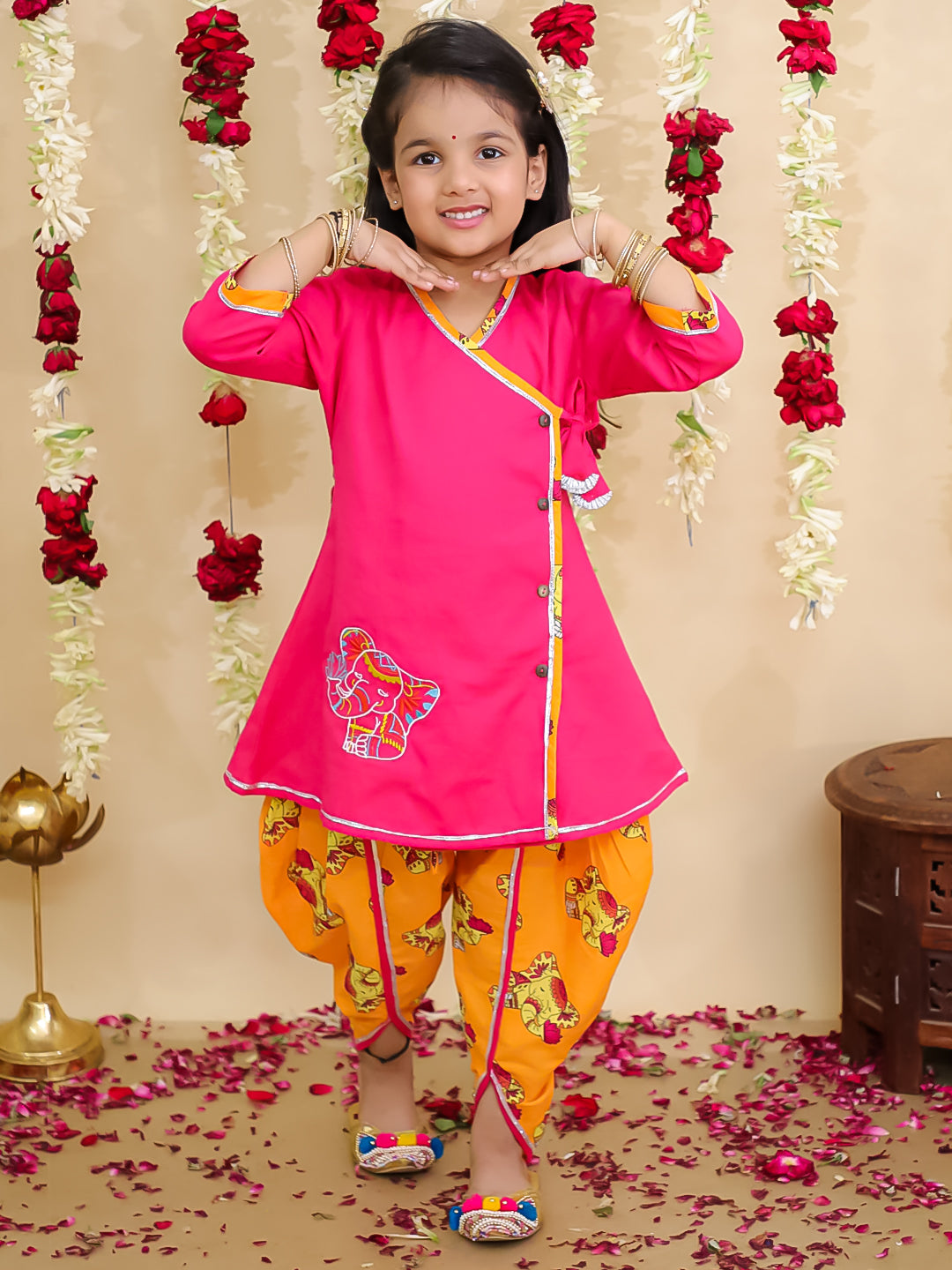 BownBee Elephant Embroidered Suit And Dhoti Kurta Sibling Set -Pink