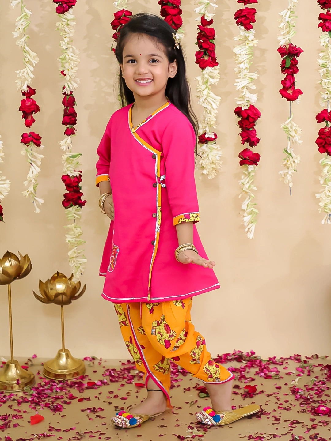 BownBee Pure Cotton Angarakha Style Elephant Print Kurti with Dhoti for Girls | Ethnic Wear – Pink