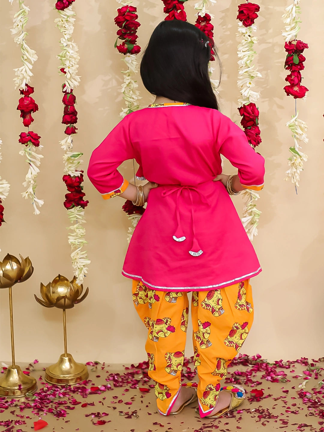 BownBee Pure Cotton Angarakha Style Elephant Print Kurti with Dhoti for Girls | Ethnic Wear – Pink