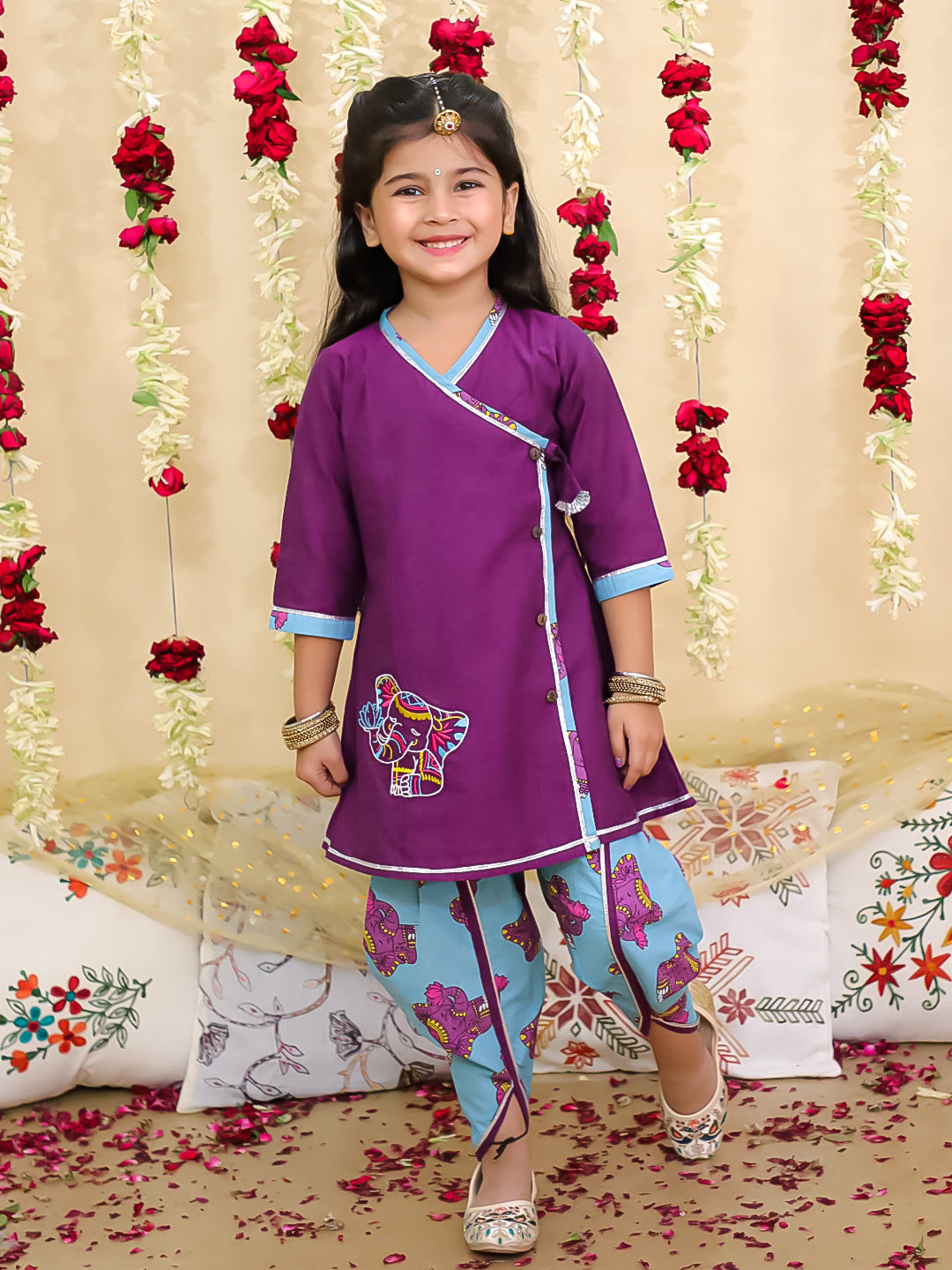 BownBee Elephant Embroidered Suit And Dhoti Kurta Sibling Set - Purple