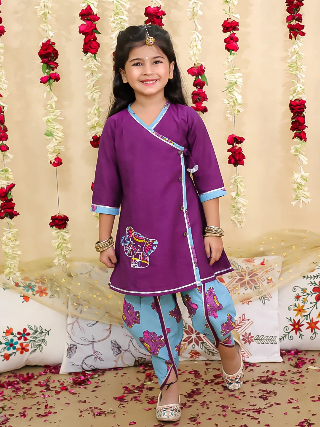 BownBee Pure Cotton Angarakha Style Elephant Print Kurti with Dhoti for Girls | Ethnic Wear –  Purple