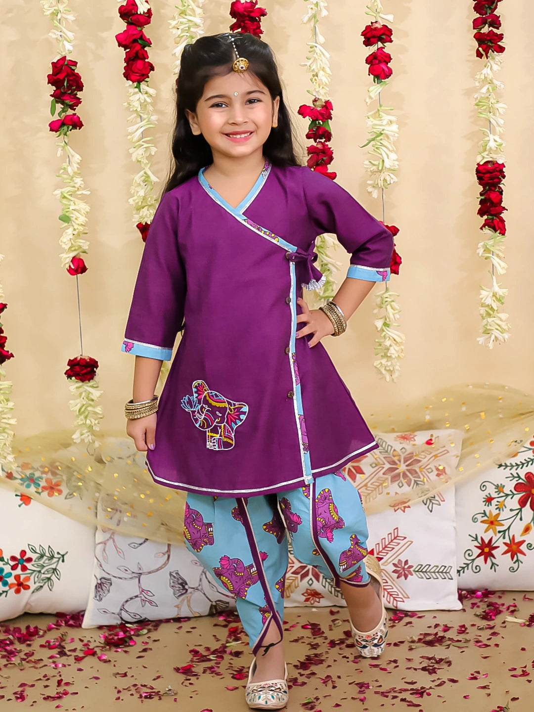 BownBee Pure Cotton Angarakha Style Elephant Print Kurti with Dhoti for Girls | Ethnic Wear – Pink