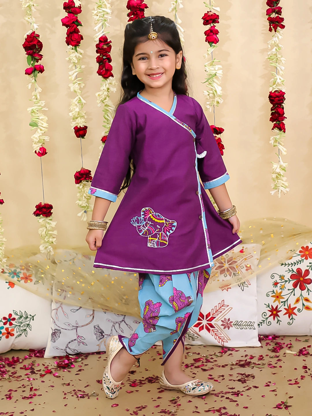 BownBee Pure Cotton Angarakha Style Elephant Print Kurti with Dhoti for Girls | Ethnic Wear –  Purple