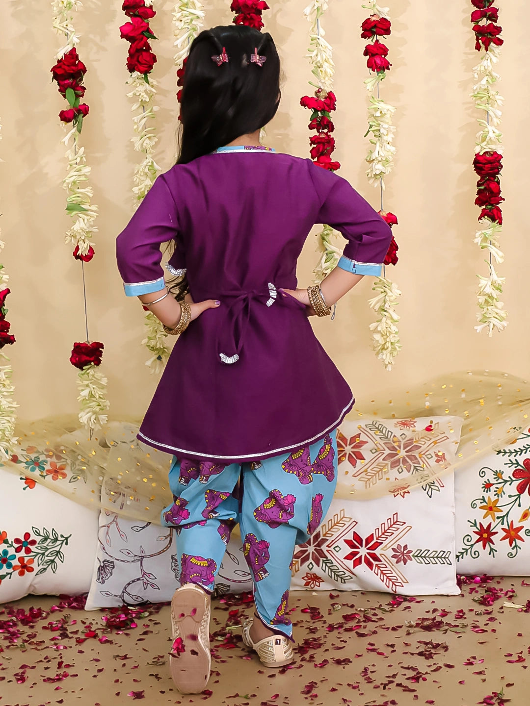 BownBee Pure Cotton Angarakha Style Elephant Print Kurti with Dhoti for Girls | Ethnic Wear –  Purple