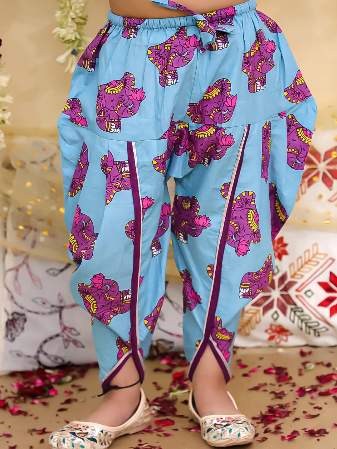 BownBee Pure Cotton Angarakha Style Elephant Print Kurti with Dhoti for Girls | Ethnic Wear – Pink