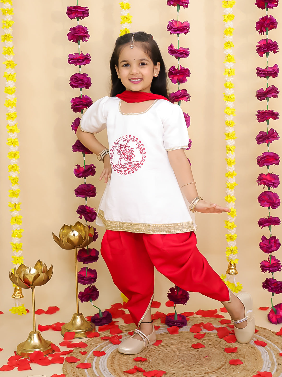 BownBee Pure Cotton Embroidered Elephant Print Kurti With Dhoti For Girls- White