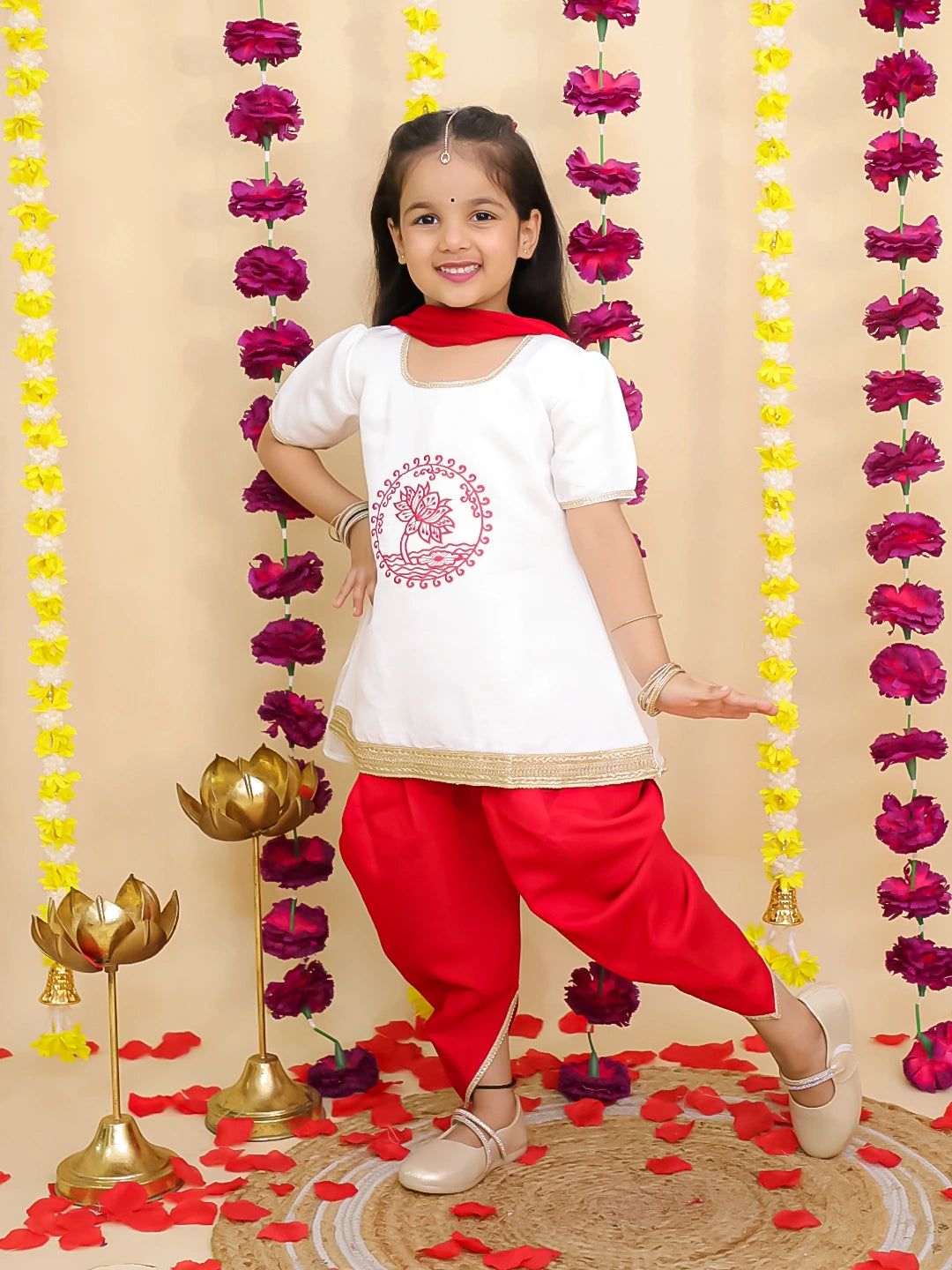 BownBee Pure Cotton Embroidered Elephant Print Kurti With Dhoti For Girls