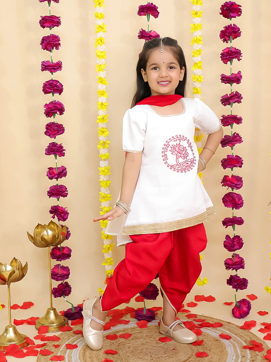 BownBee Pure Cotton Embroidered Elephant Print Kurti With Dhoti For Girls