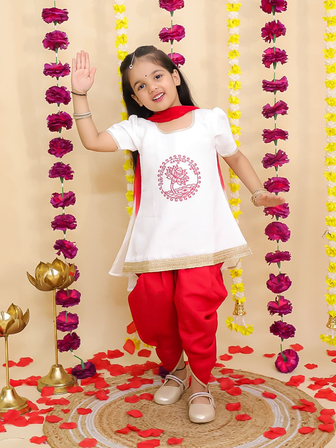 BownBee Pure Cotton Embroidered Elephant Print Kurti With Dhoti For Girls- White