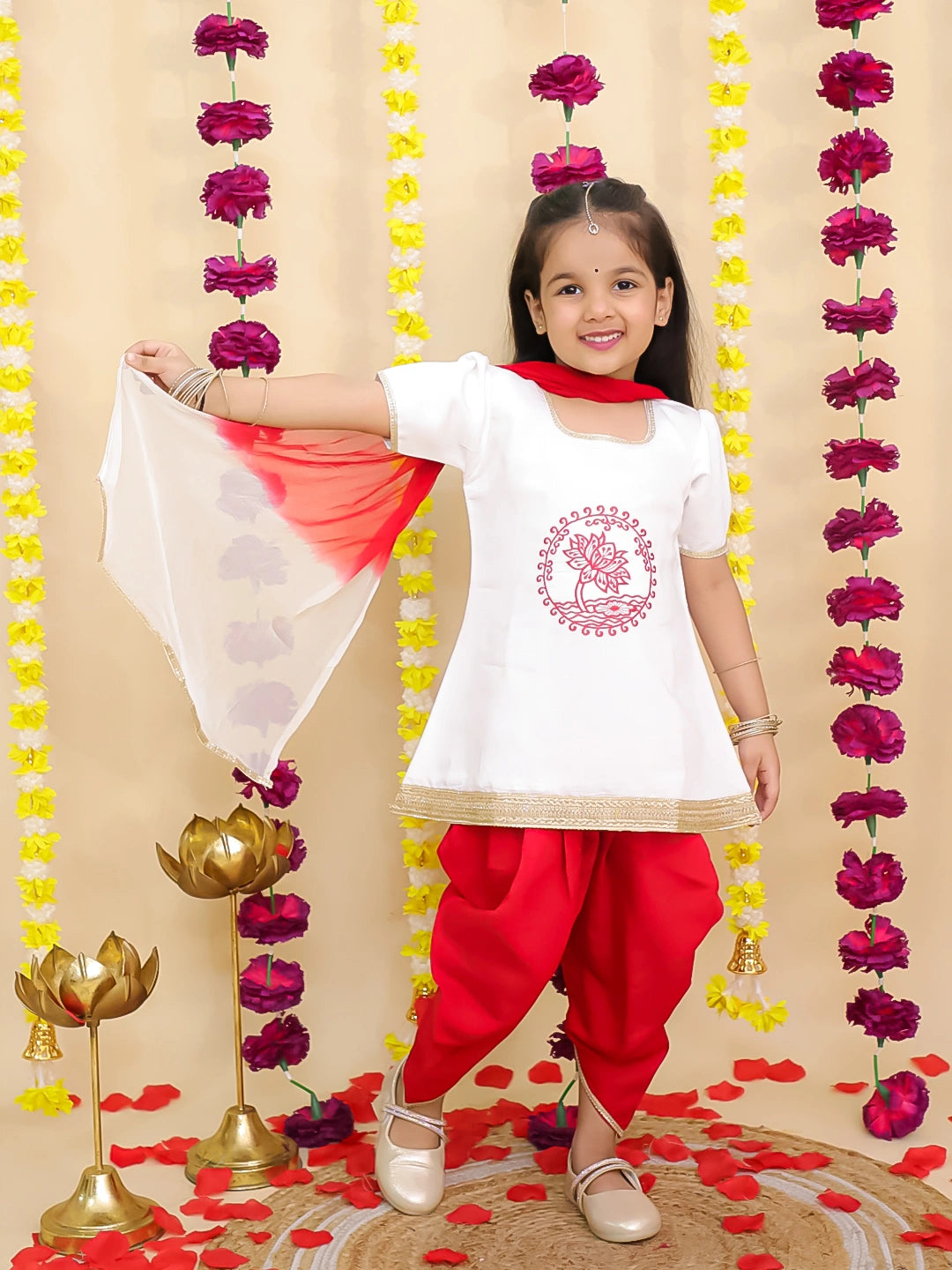 BownBee Pure Cotton Embroidered Elephant Print Kurti With Dhoti For Girls