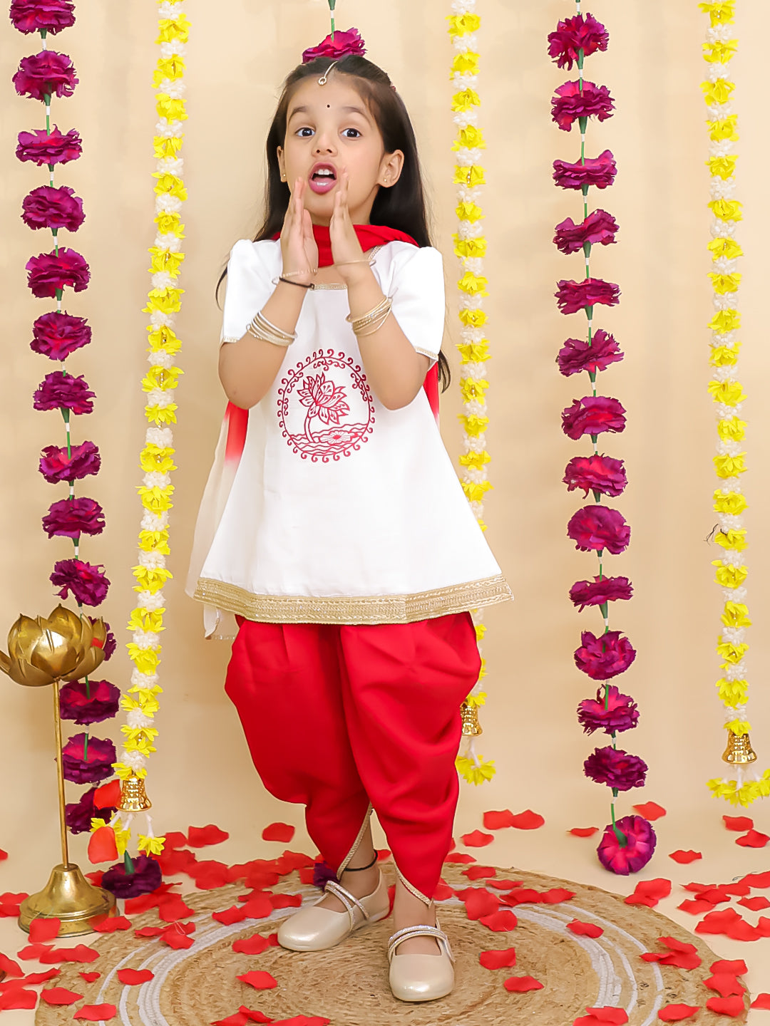 BownBee Pure Cotton Embroidered Elephant Print Kurti With Dhoti For Girls- White