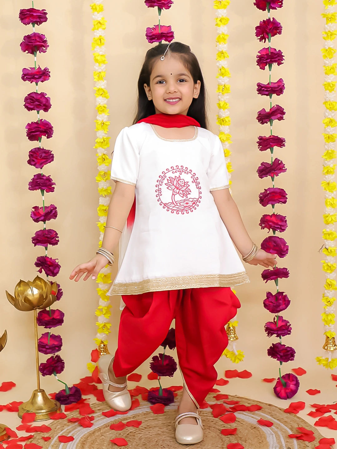 BownBee Pure Cotton Embroidered Elephant Print Kurti With Dhoti For Girls