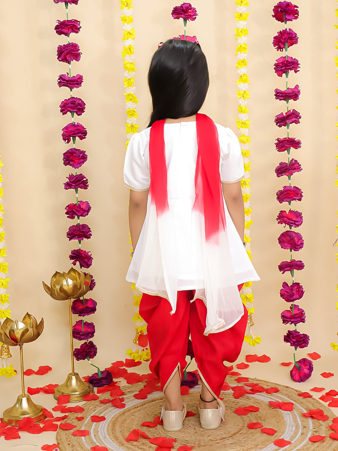 BownBee Lotus Embroidered Suit & Dhoti Kurta Sibling Set - White