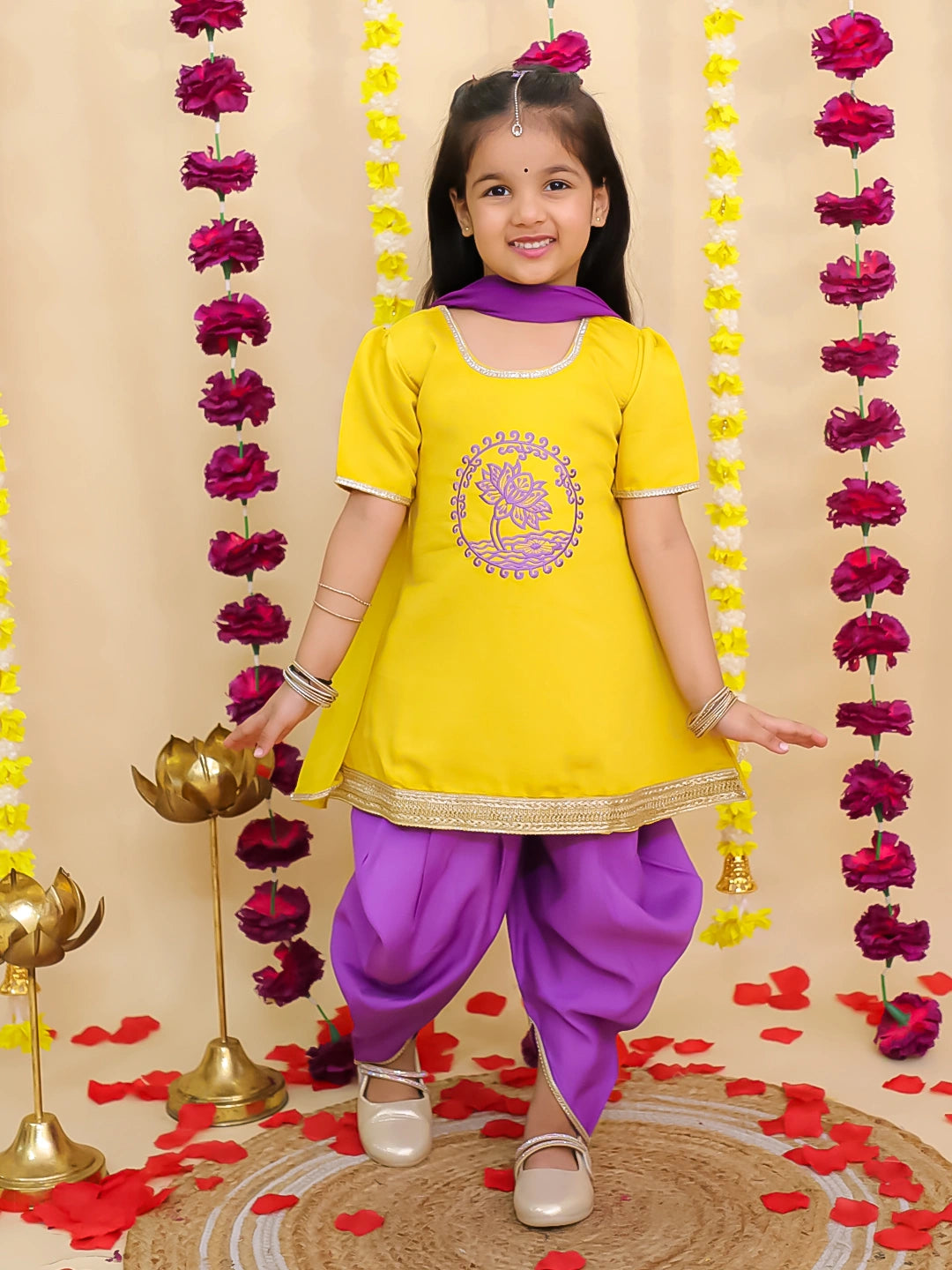 BownBee Pure Cotton Embroidered Elephant Print Kurti With Dhoti For Girls