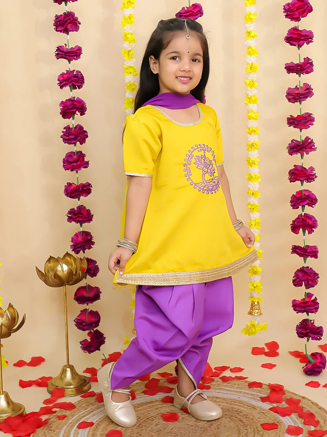 BownBee Pure Cotton Embroidered Elephant Print Kurti With Dhoti For Girls