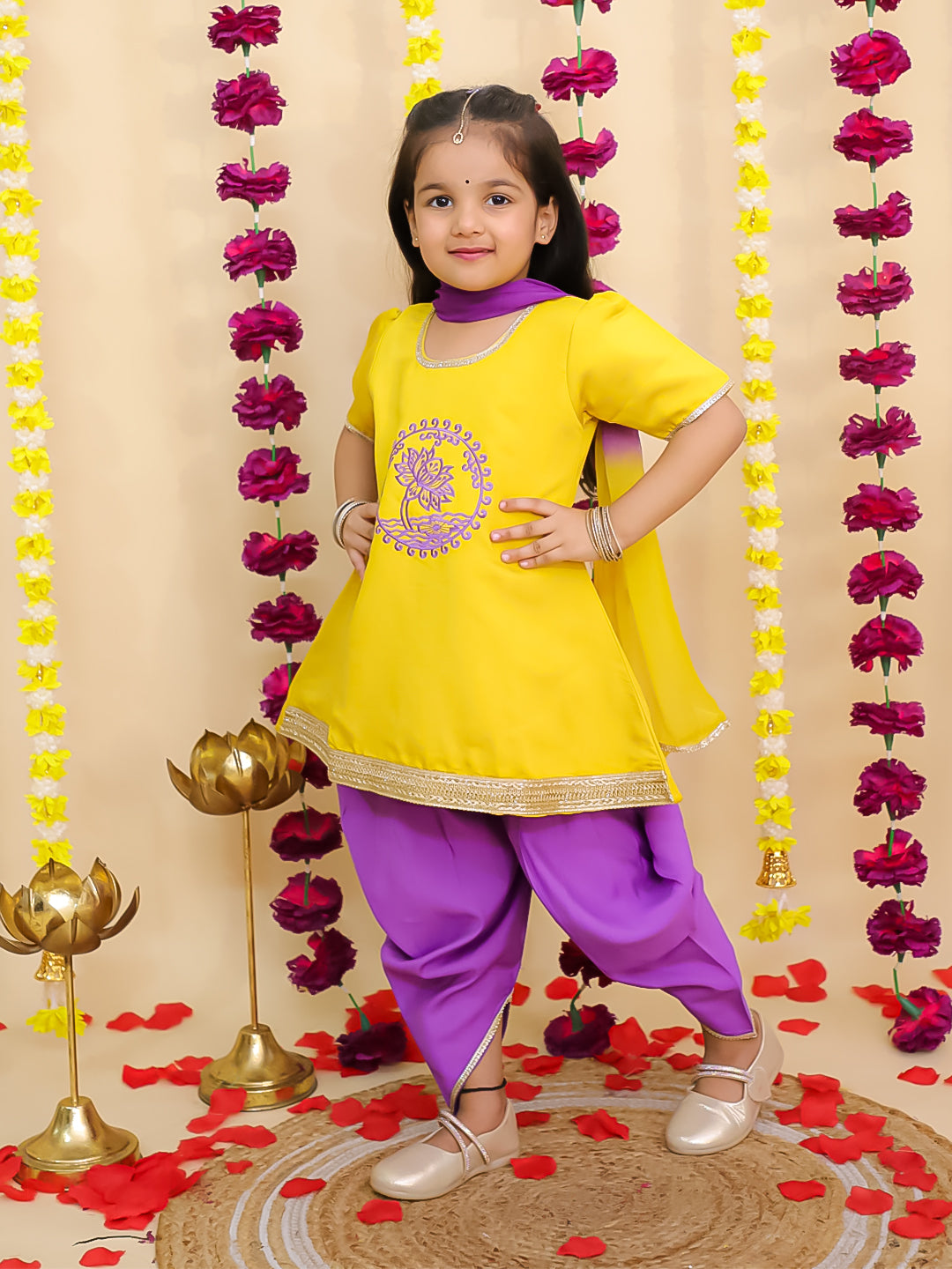 BownBee Pure Cotton Embroidered Elephant Print Kurti With Dhoti For Girls- Yellow