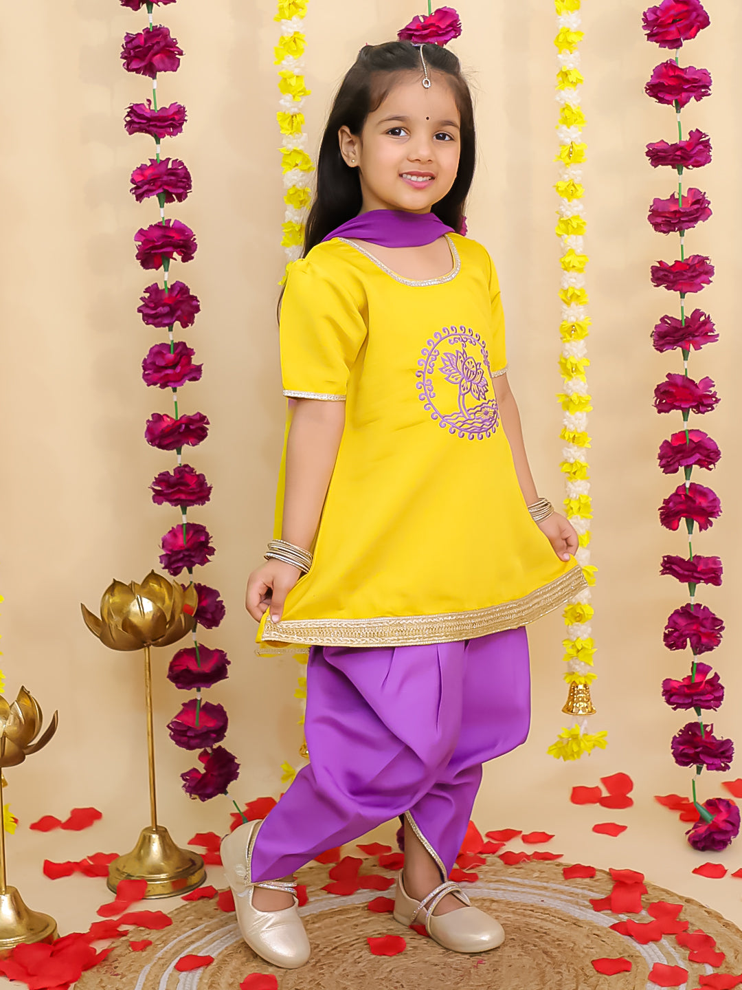 BownBee Pure Cotton Embroidered Elephant Print Kurti With Dhoti For Girls- Yellow