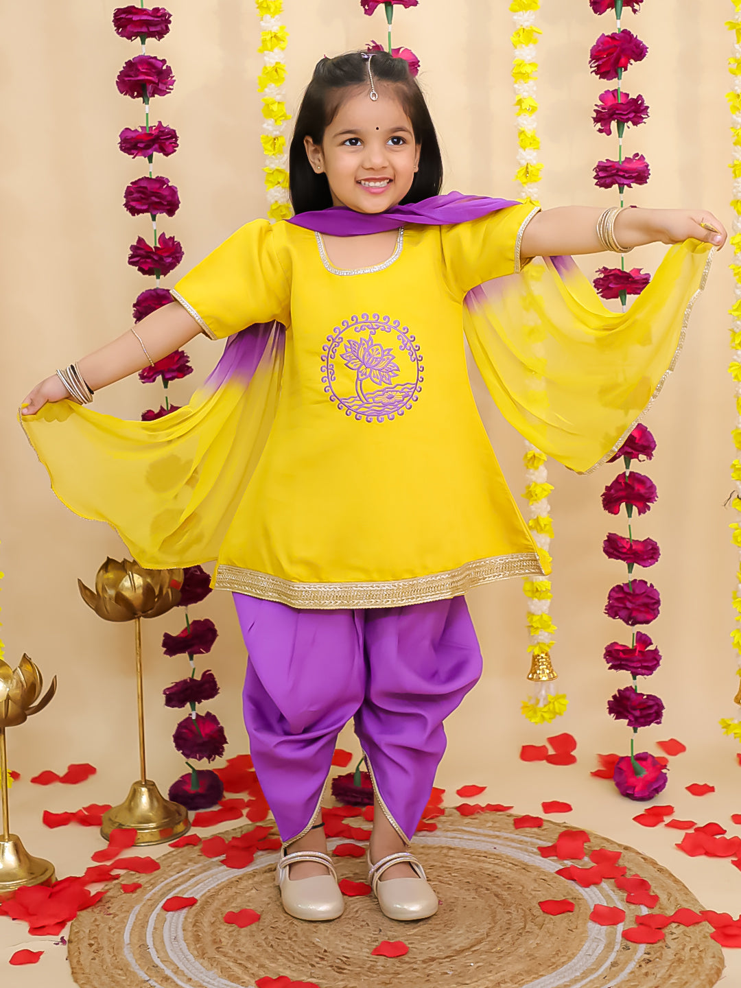 BownBee Pure Cotton Embroidered Elephant Print Kurti With Dhoti For Girls- Yellow