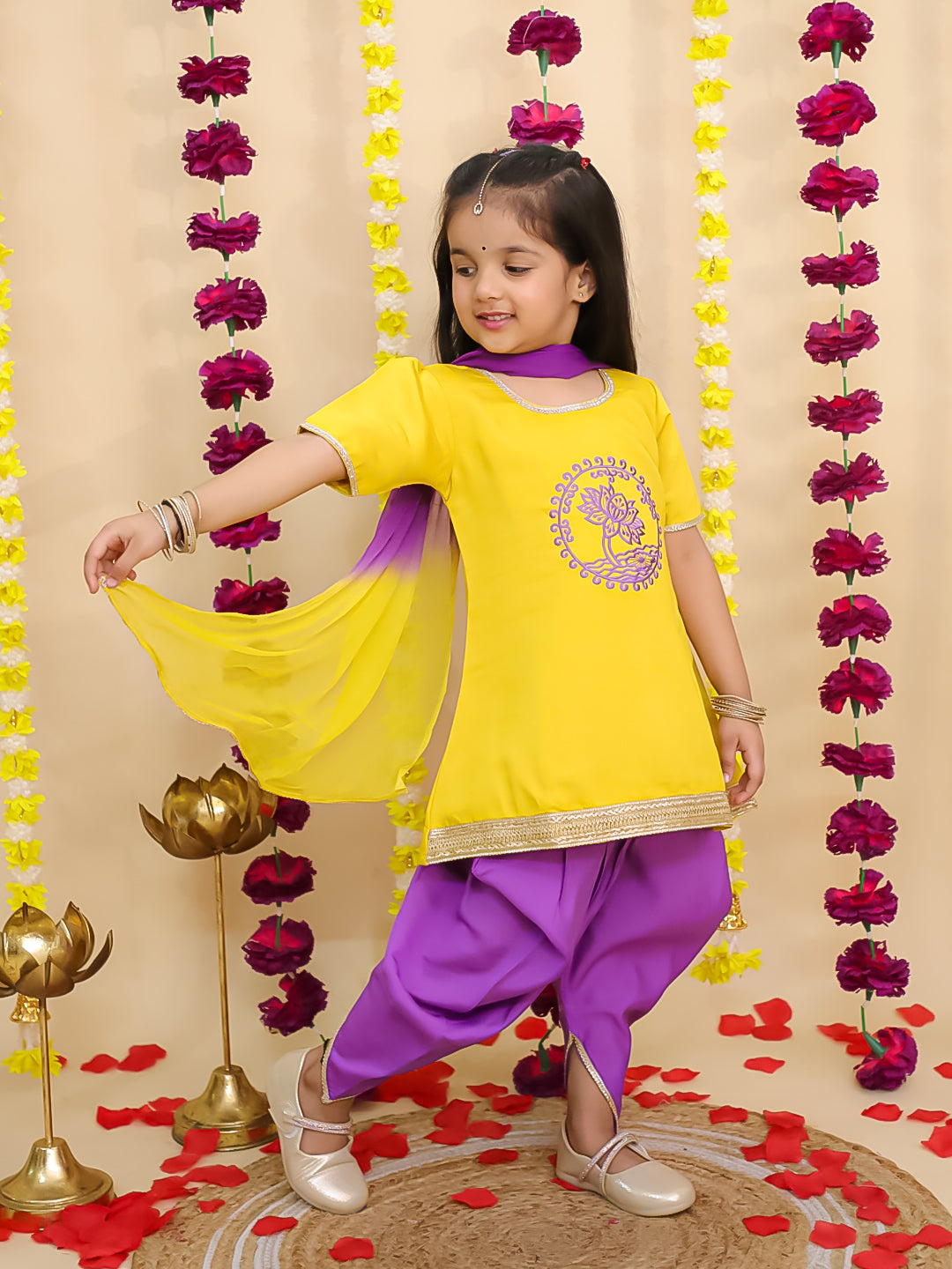 BownBee Pure Cotton Embroidered Elephant Print Kurti With Dhoti For Girls- Yellow