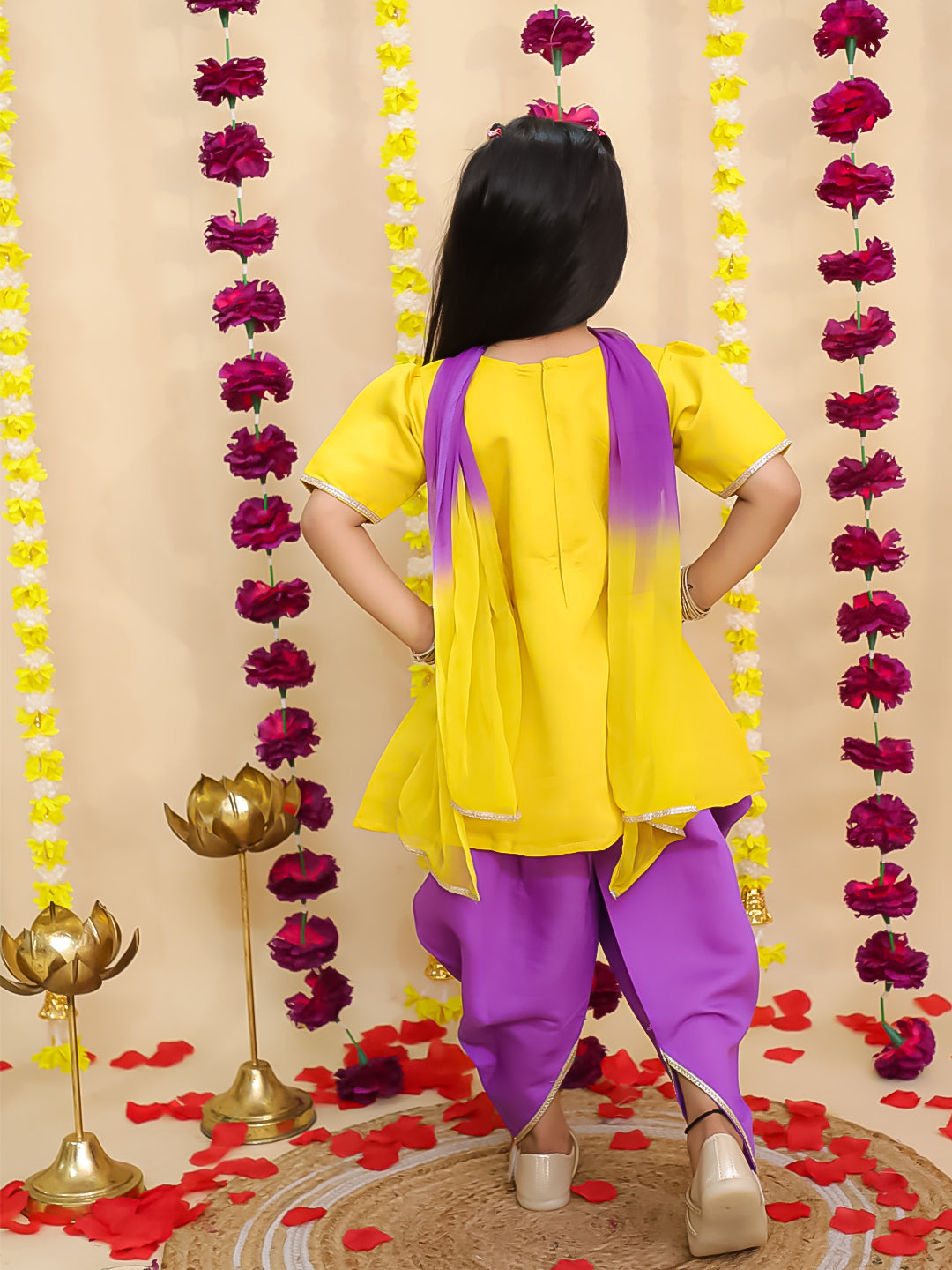 BownBee Pure Cotton Embroidered Elephant Print Kurti With Dhoti For Girls- Yellow