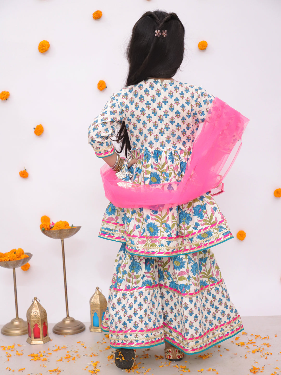 BownBee Pure Cotton Printed Quater Sleeves  Angarakha Anarkali Kurti With Sharara & Dupatta Set For Girls- Green