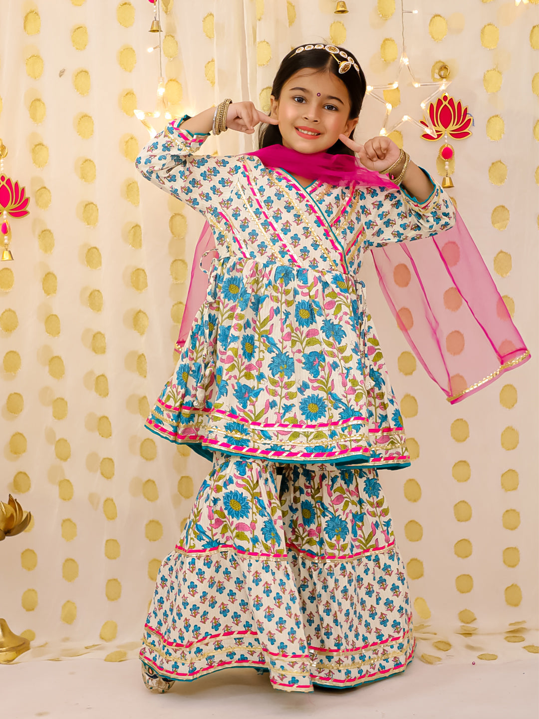 BownBee Pure Cotton Printed Sharara Suit & Kurta Pajama Jacket Sibling Set - Green
