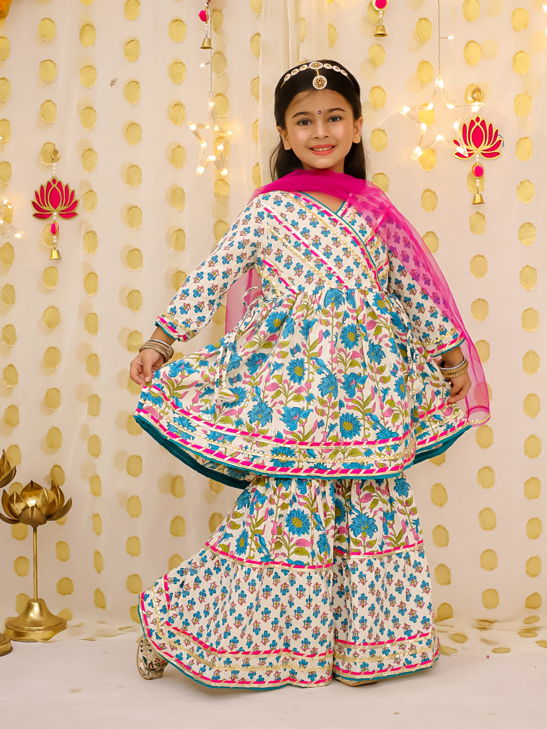 BownBee Pure Cotton Printed Sharara Suit & Kurta Pajama Jacket Sibling Set - Green