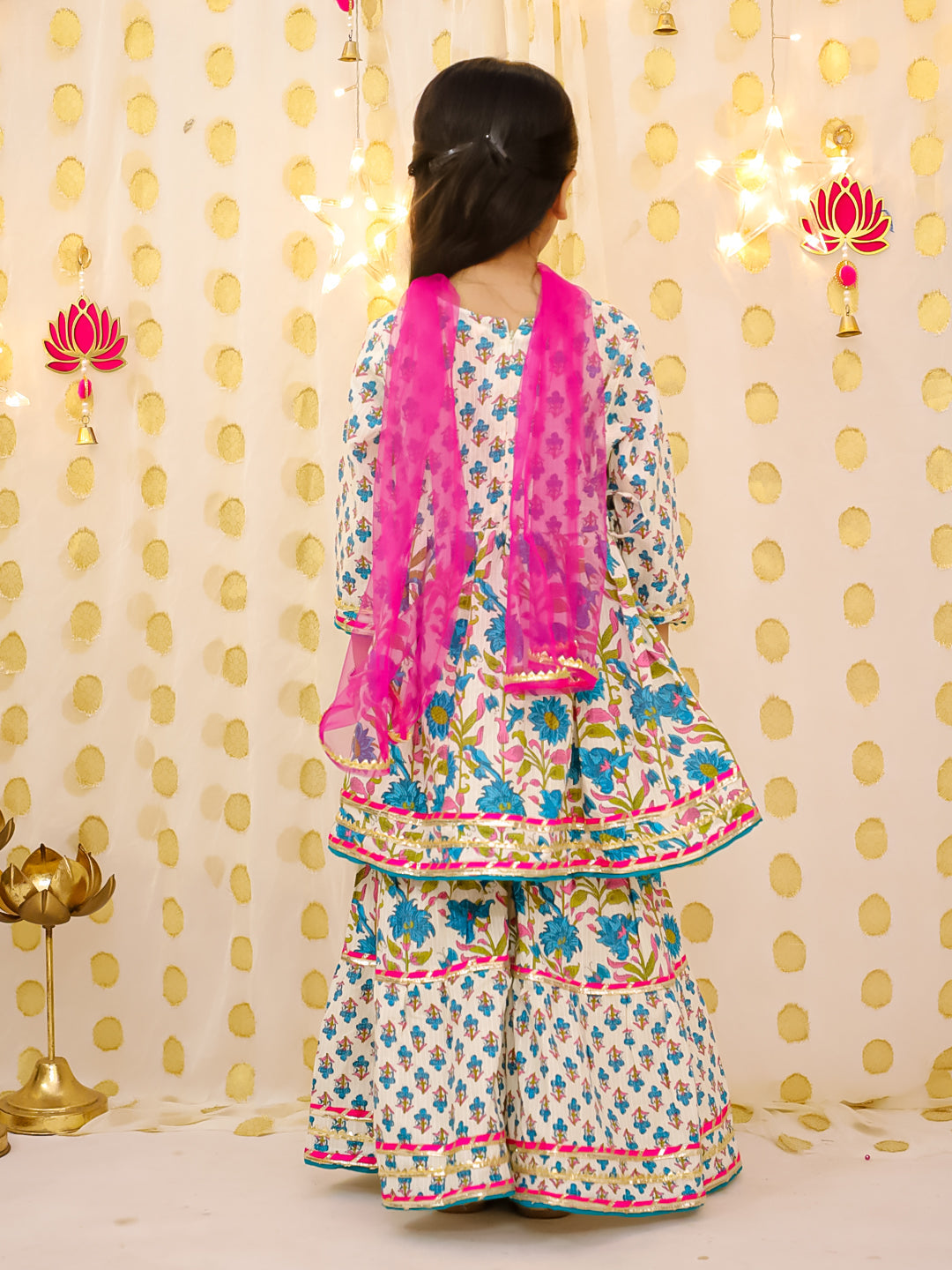BownBee Pure Cotton Printed Sharara Suit & Kurta Pajama Jacket Sibling Set - Green