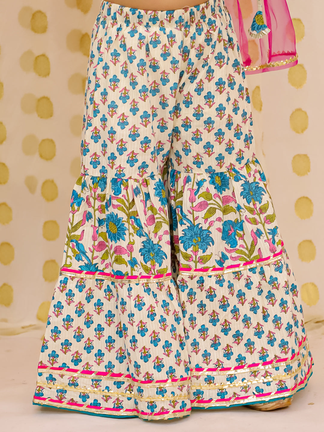 BownBee Pure Cotton Printed Sharara Suit & Kurta Pajama Jacket Sibling Set - Green
