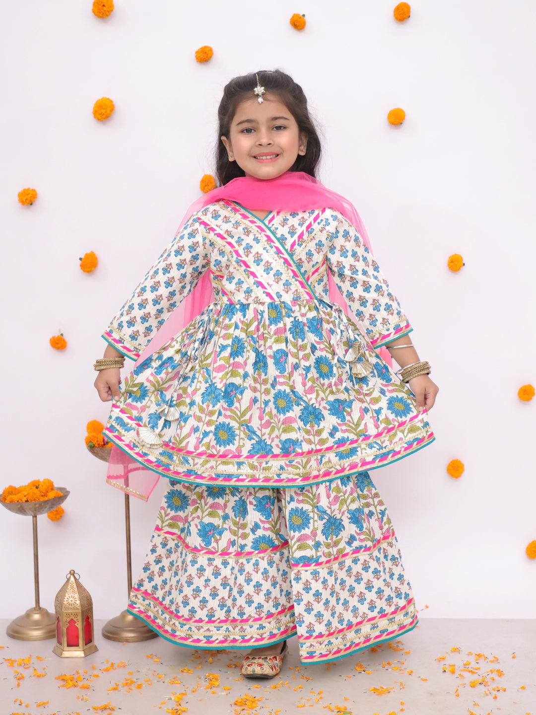 BownBee Pure Cotton Printed Quater Sleeves  Angarakha Anarkali Kurti With Sharara & Dupatta Set For Girls- Green