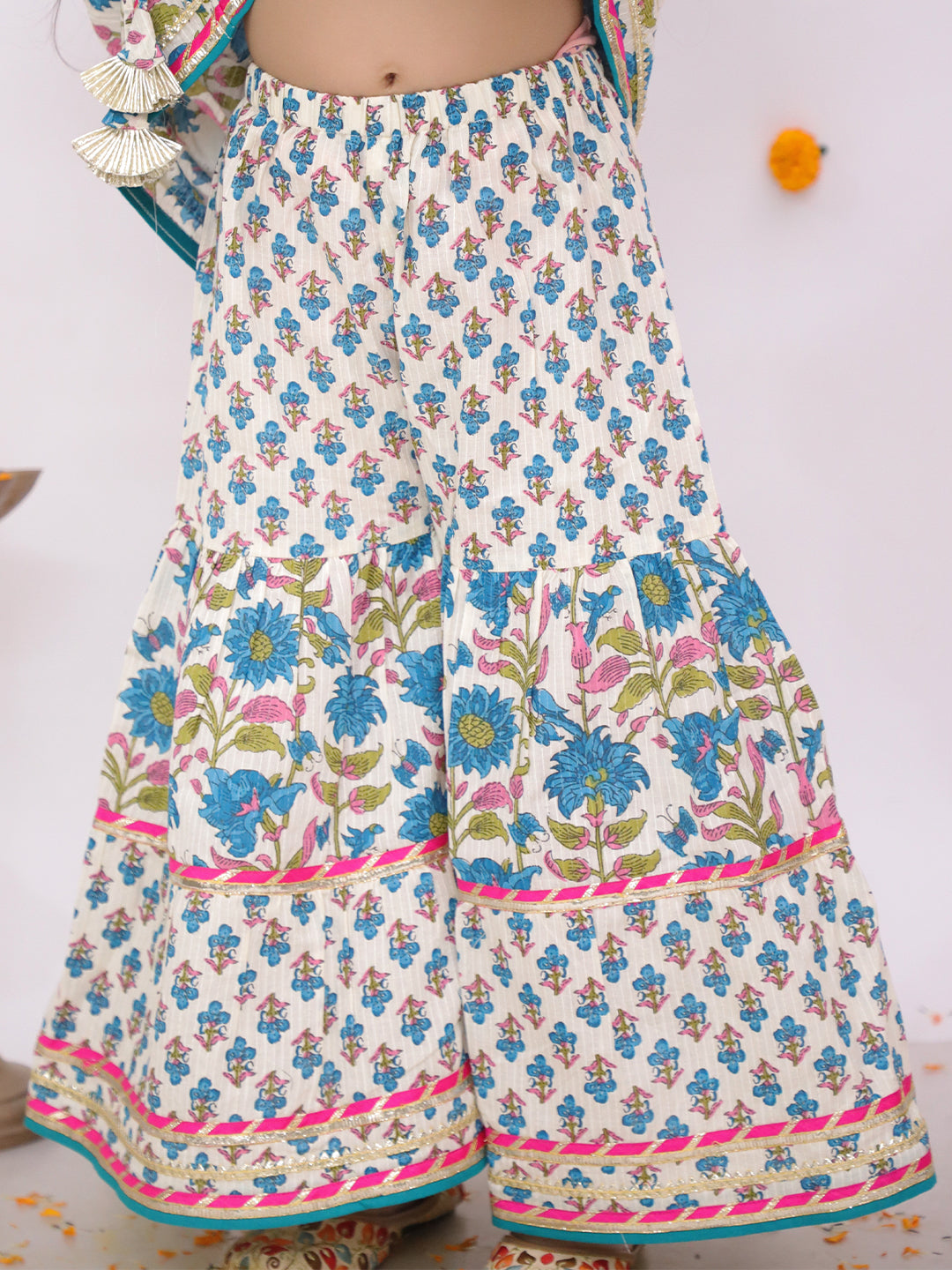 BownBee Pure Cotton Printed Quater Sleeves  Angarakha Anarkali Kurti With Sharara & Dupatta Set For Girls- Green
