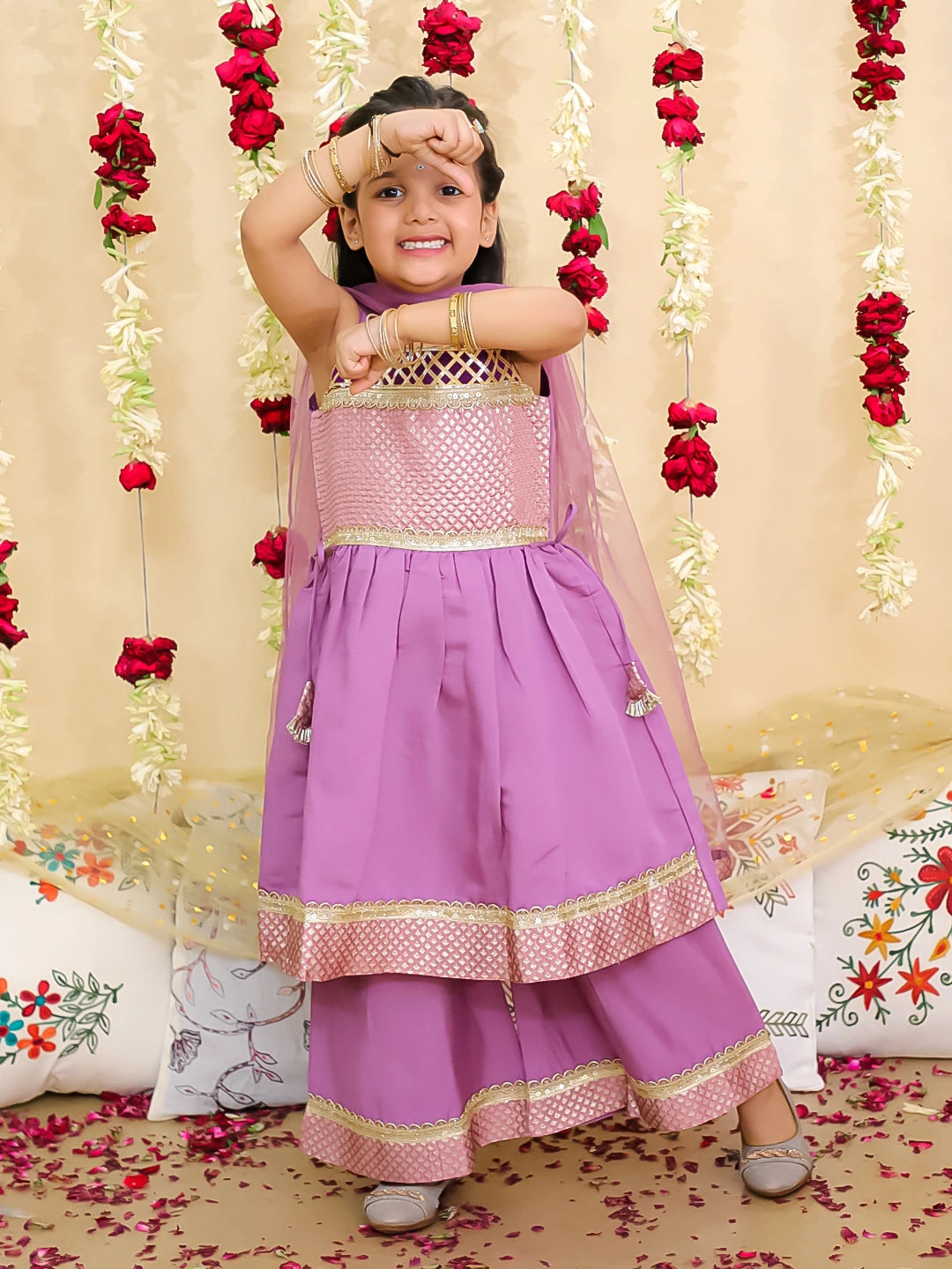 BownBee Jacquard sharara Suit With Dupatta & Kurta Pajama With Attached Jacket Sibling Set