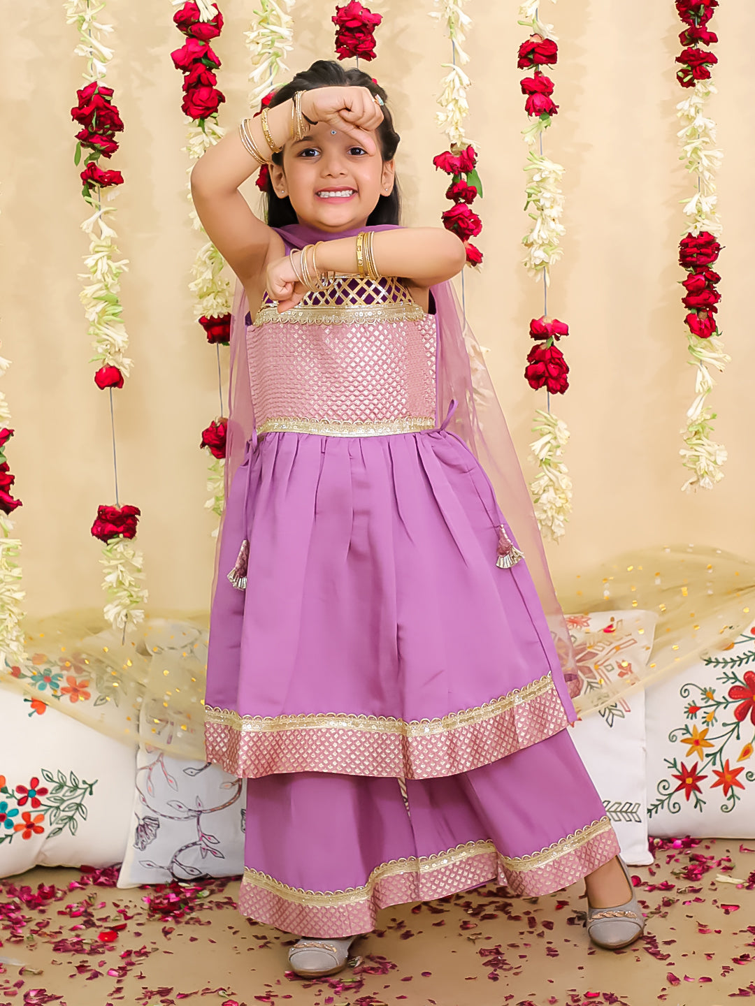 BownBee Ethnic Sleeveless Anarkali Suit With Dupatta Set For Girls - Lilac