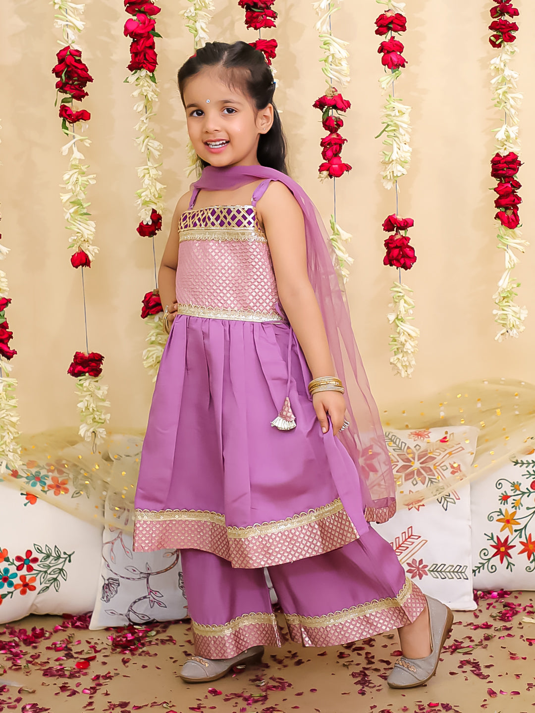 BownBee Ethnic Sleeveless Anarkali Suit With Dupatta Set For Girls - Lilac