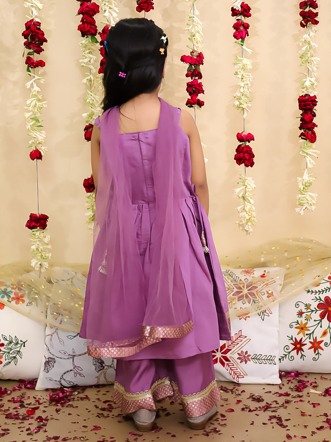 BownBee Ethnic Sleeveless Anarkali Suit With Dupatta Set For Girls - Lilac