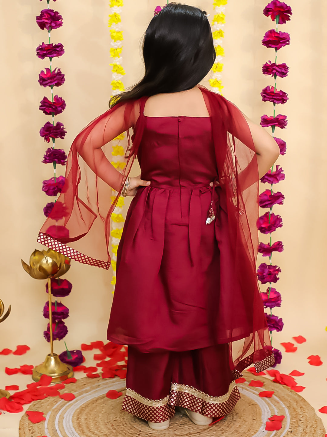 BownBee Ethnic Sleeveless Anarkali Suit With Dupatta Set For Girls - Maroon