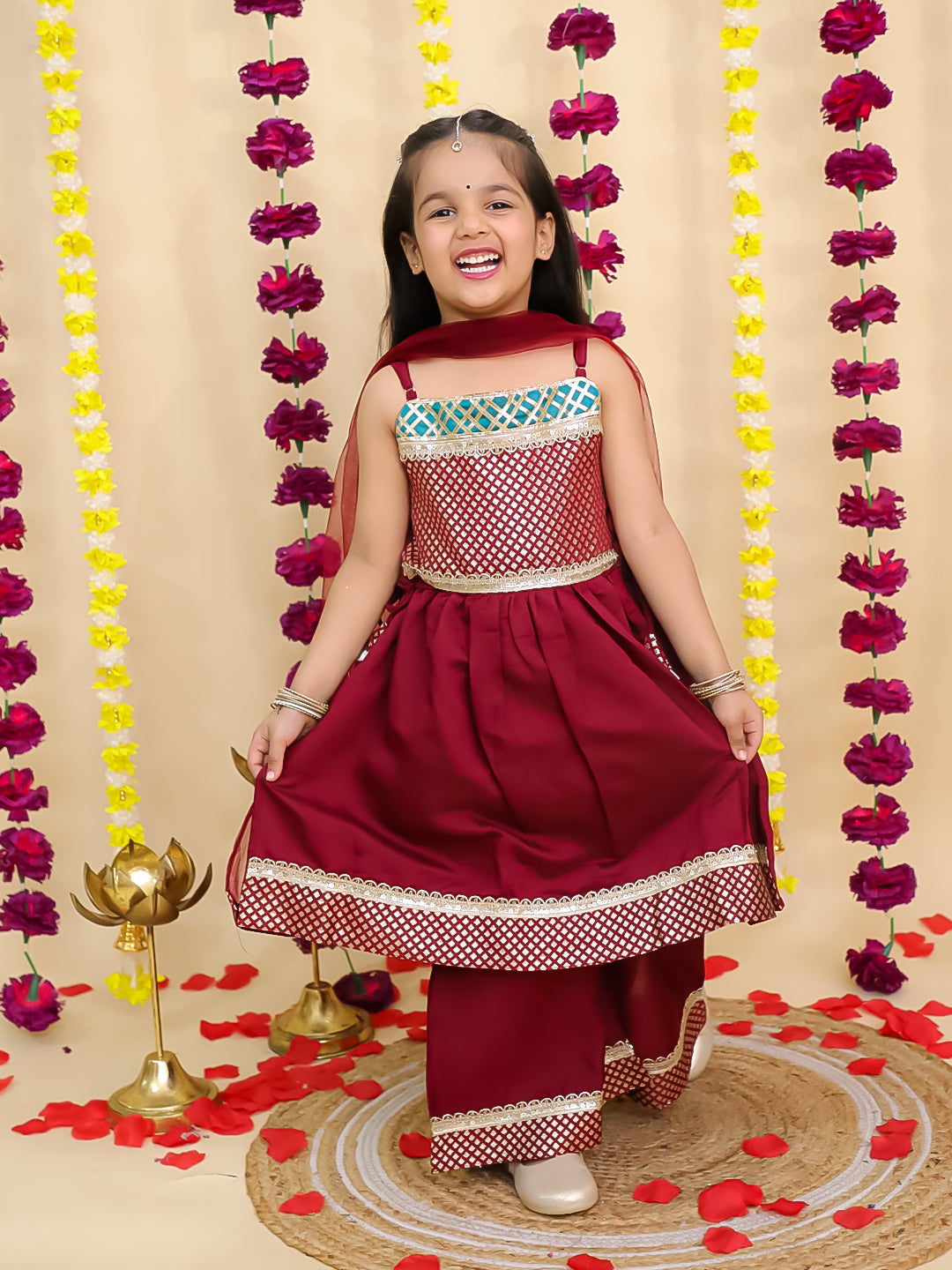 BownBee Ethnic Sleeveless Anarkali Suit With Dupatta Set For Girls - Maroon