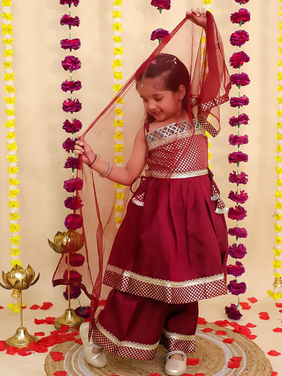 BownBee Ethnic Sleeveless Anarkali Suit With Dupatta Set For Girls - Maroon