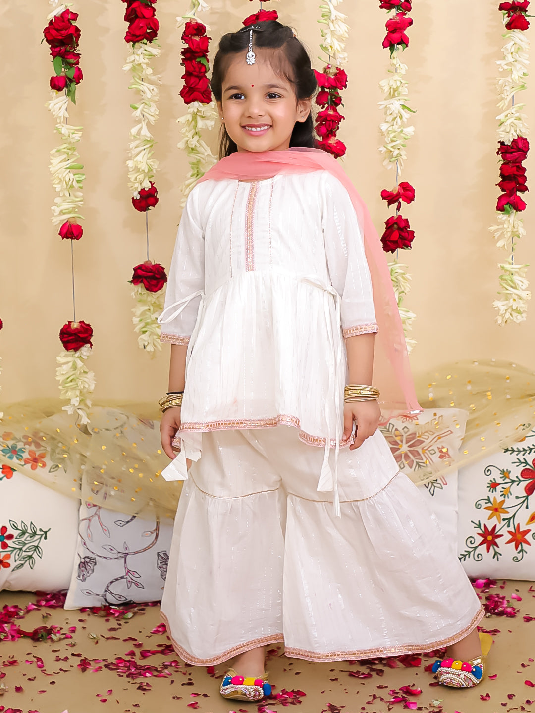 BownBee Pure Cotton Lurex Sharara Suit with Dupatta & Kurta Pajama Sibling Set | Ethnic Wear for Kids – White (Pre Order)