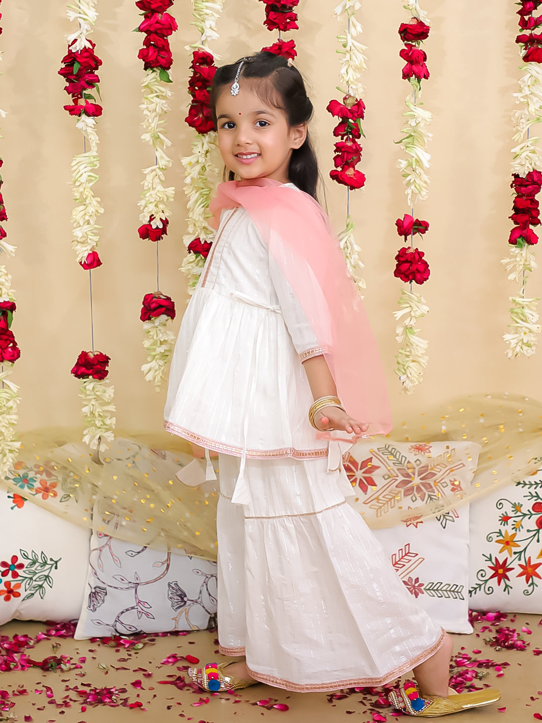 BownBee Pure Cotton Lurex Sharara Suit with Dupatta & Kurta Pajama Sibling Set | Ethnic Wear for Kids – White (Pre Order)