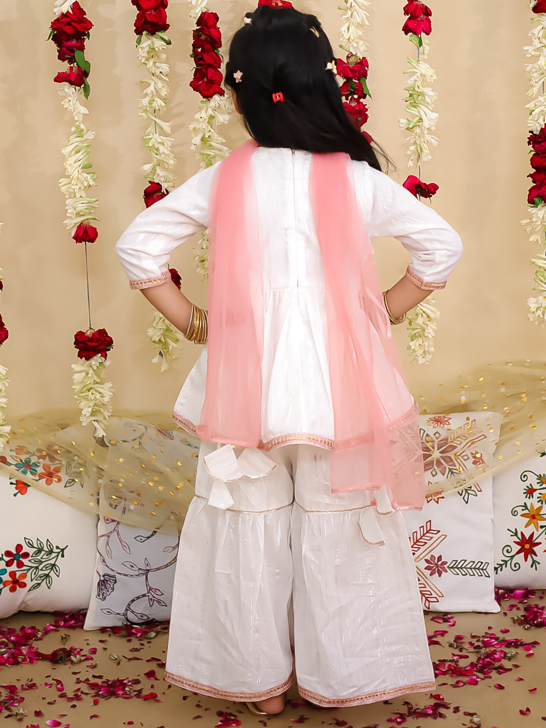 BownBee Pure Cotton Lurex Sharara Suit with Dupatta & Kurta Pajama Sibling Set | Ethnic Wear for Kids – White (Pre Order)