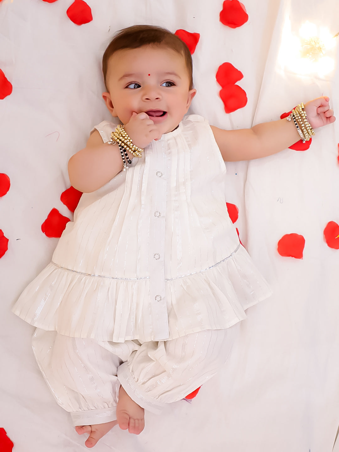 BownBee Pure Cotton Lurex Sleeveless Ethnic Clothing Set For Girls - White (Pre-Order)