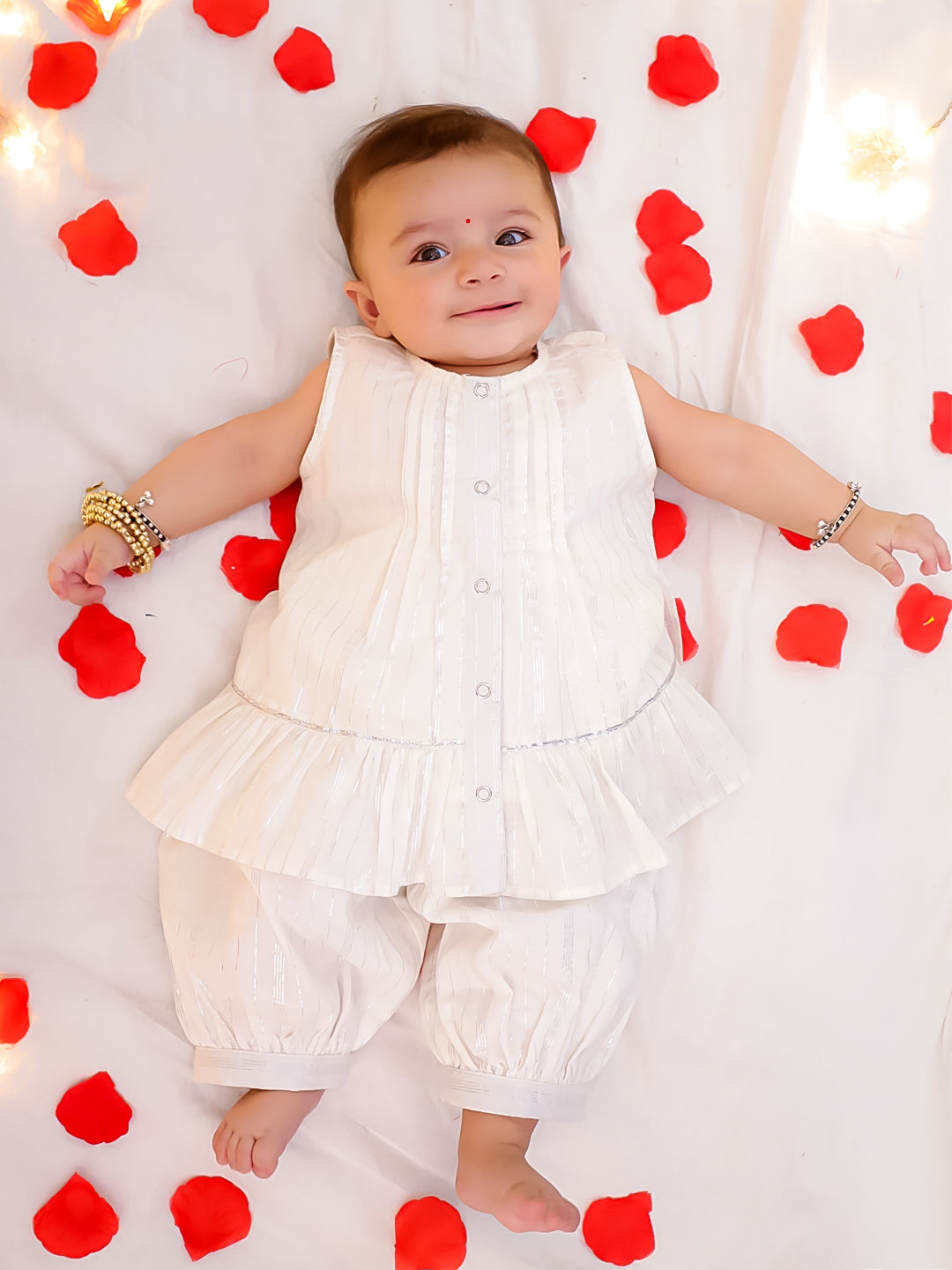 BownBee Pure Cotton Lurex Sleeveless Ethnic Clothing Set For Girls - White (Pre-Order)