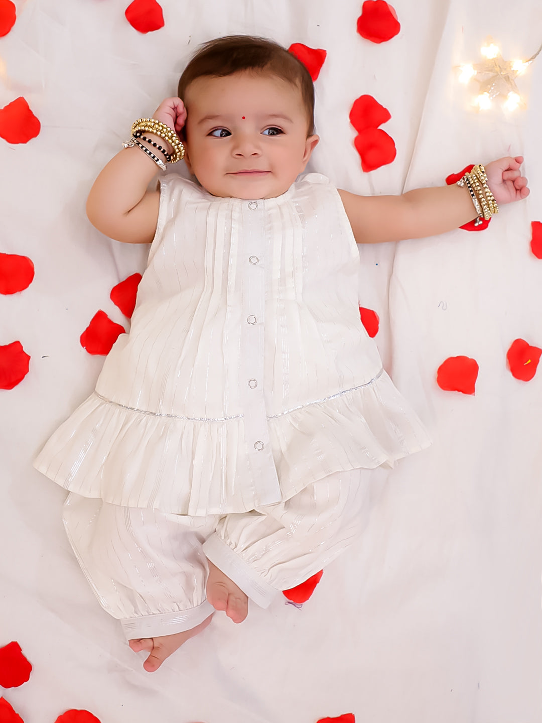 BownBee Pure Cotton Lurex Sleeveless Ethnic Clothing Set For Girls - White (Pre-Order)