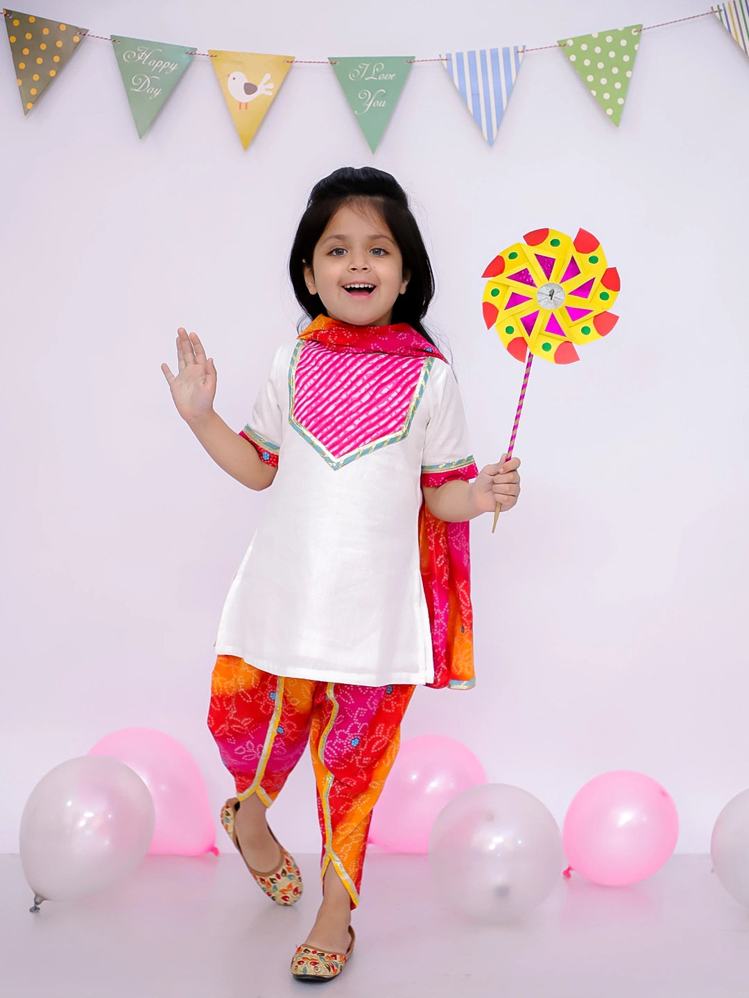 BownBee Ethnic Elbow Sleeve Pure Cotton Bandhni Suit Set With Dupatta For Girls